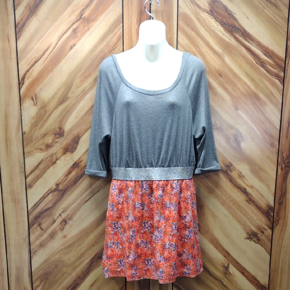 Free People Mini Dress Gray/Orange Metallic Floral Print Boho Women's Size 12